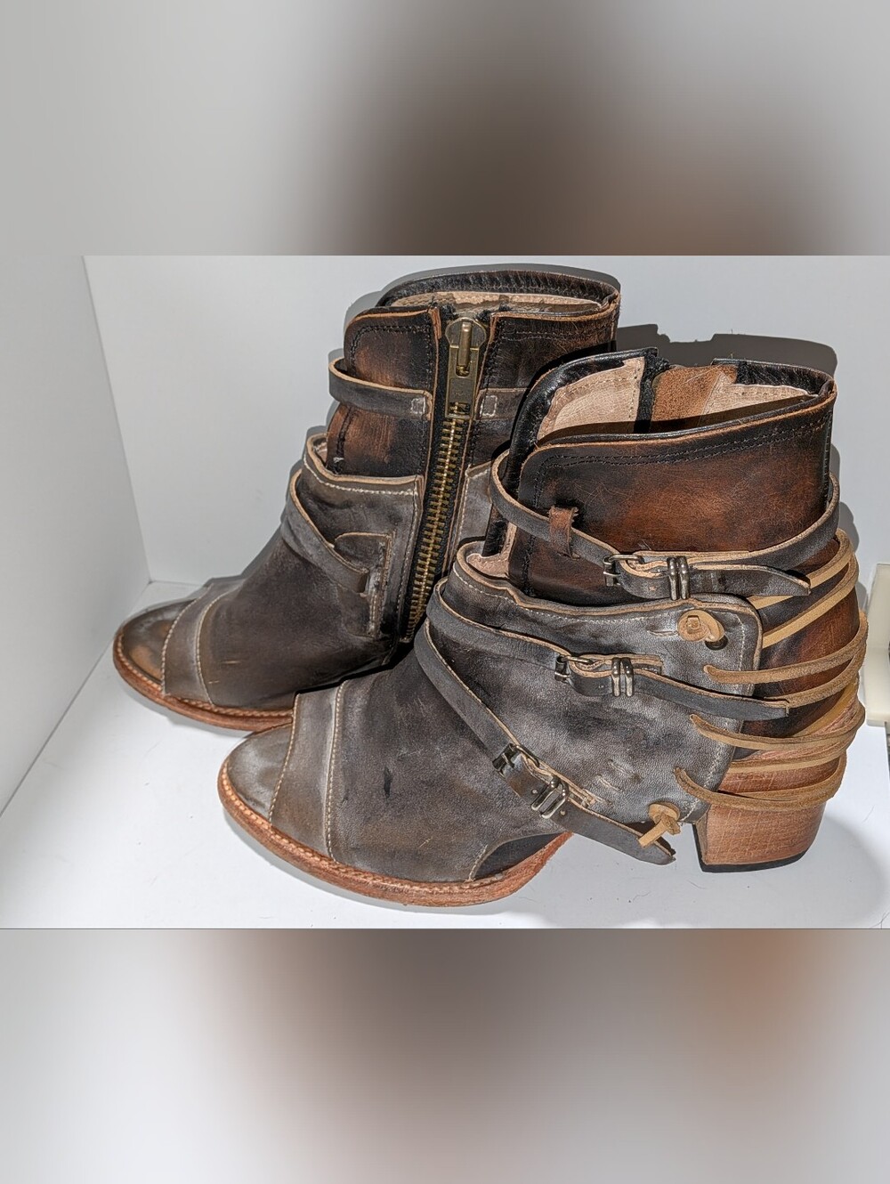 freebird Carter Brown & Grey Leather Peep Toe Ankle Booties, Women's Size 12